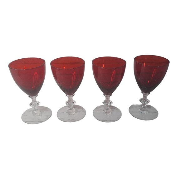 Set of 4 Morgantown Ruby Red Wine Glasses Clear Stem Vintage Elegant Glassware